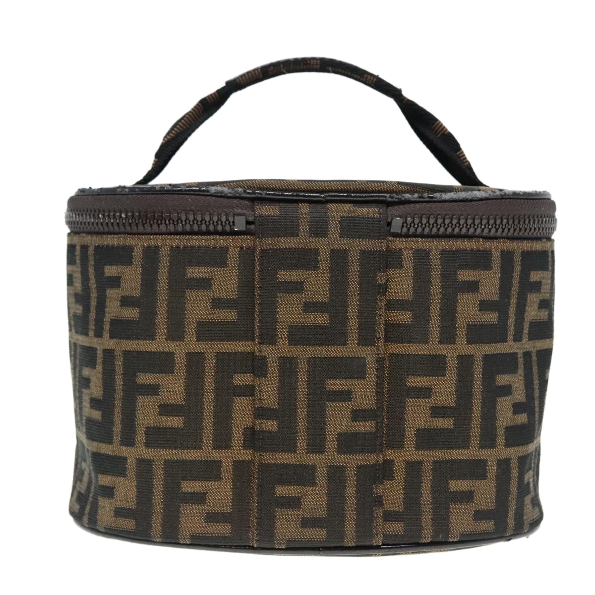 FENDI Zucca Canvas Vanity Hand Bag Brown Black Silver Auth 92279