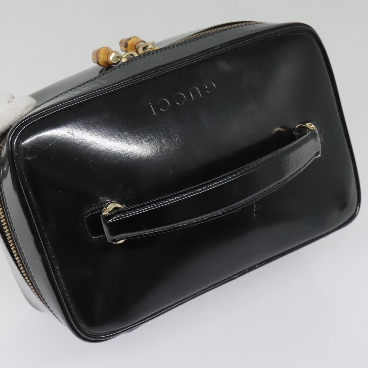 GUCCI Vanity Cosmetic Pouch Enamel Black Gold 032 1956 0150 Auth 92305