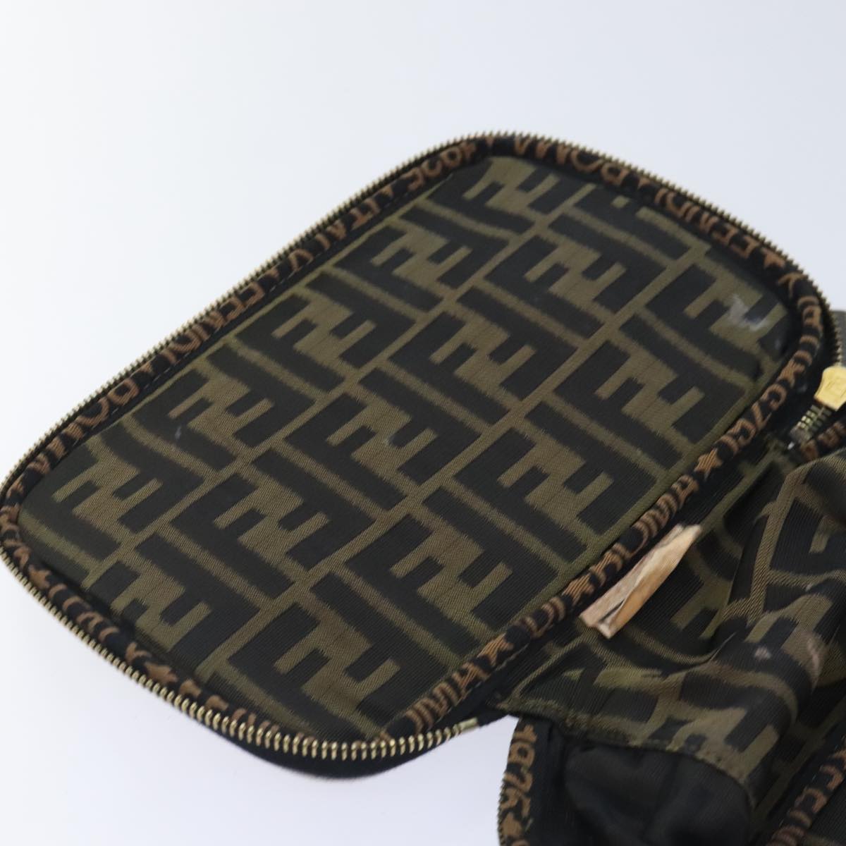 FENDI Zucca Canvas Vanity Pouch Brown Black gold Auth 92315