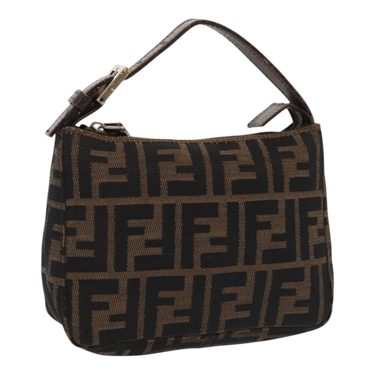 FENDI Zucca Canvas Hand Bag Brown Black Silver Auth 92329