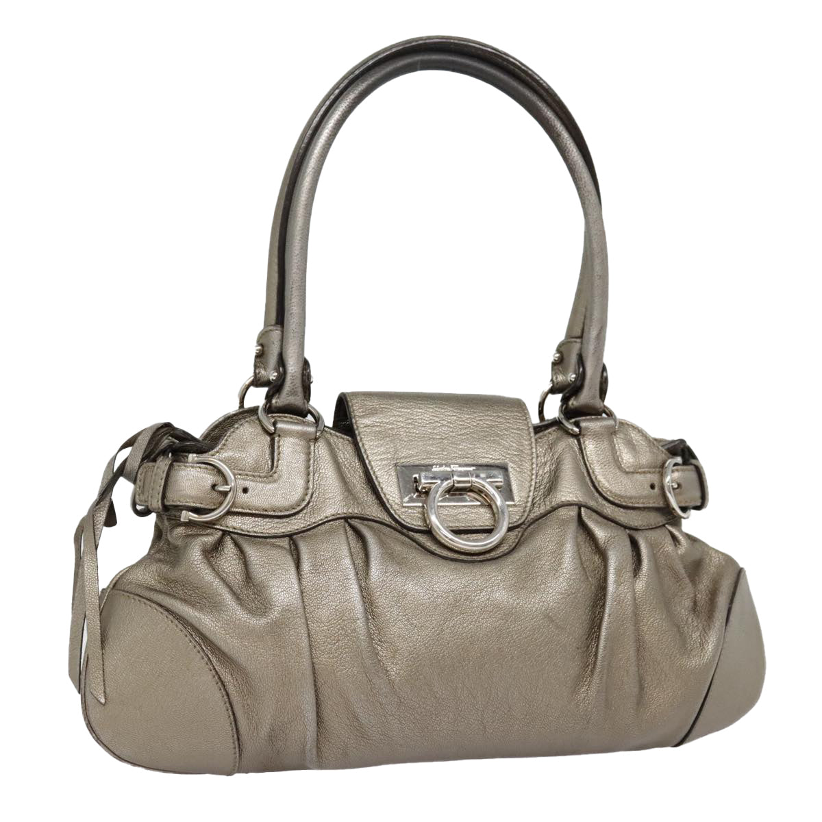 Salvatore Ferragamo Gancini Hand Bag Leather Silver Auth 92346