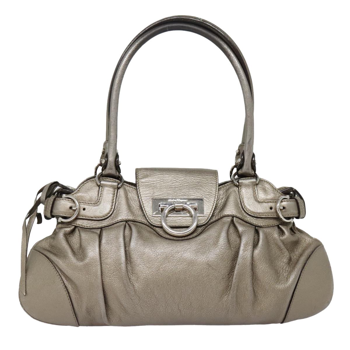 Salvatore Ferragamo Gancini Hand Bag Leather Silver Auth 92346