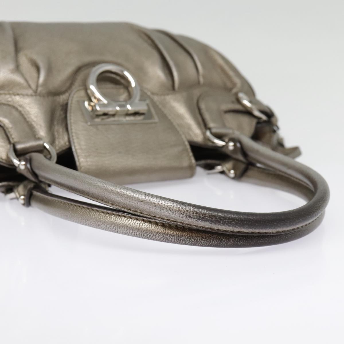 Salvatore Ferragamo Gancini Hand Bag Leather Silver Auth 92346