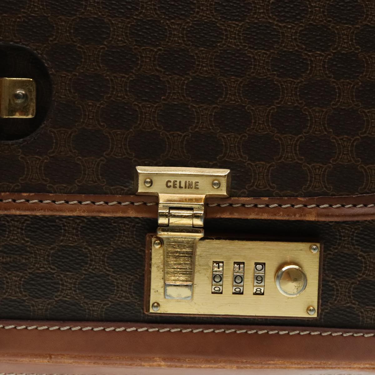 CELINE Macadam Canvas Trunk PVC Leather Gold Brown Auth 92361