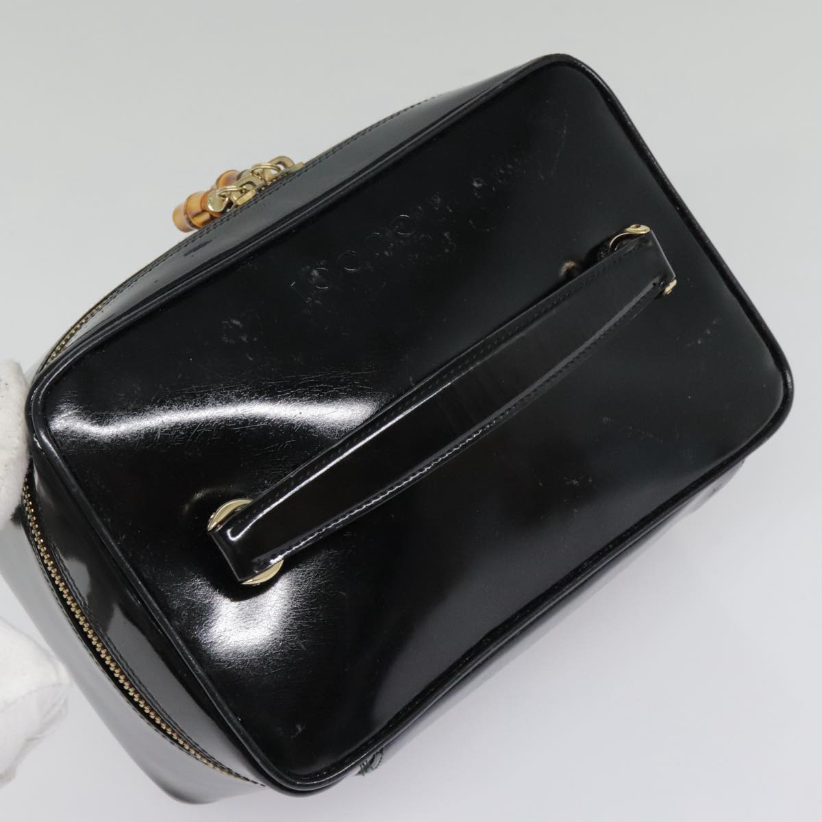 GUCCI Vanity Cosmetic Pouch Enamel Black Gold Auth 92363