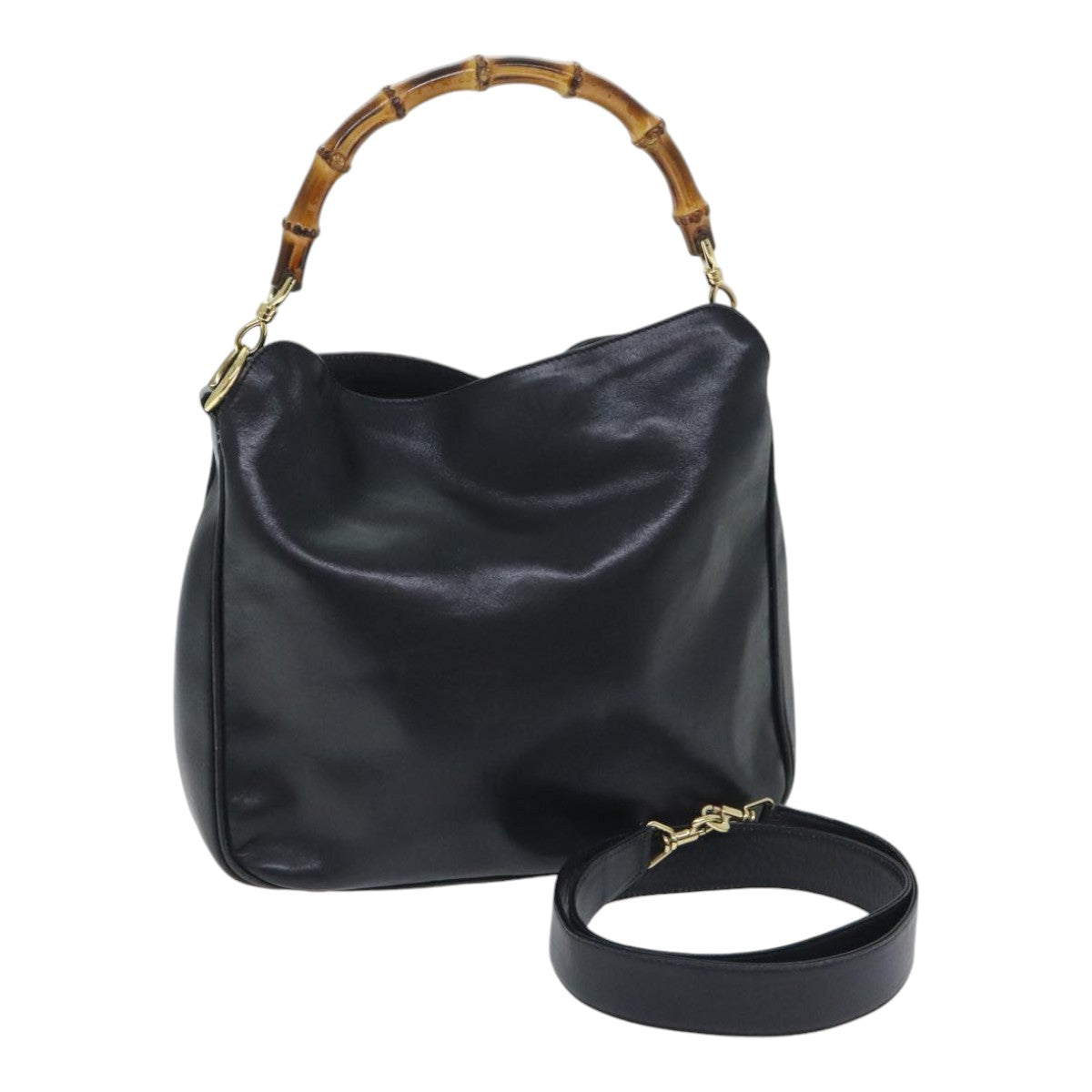 GUCCI Bamboo Hand Bag Leather 2way Black Gold 001 1638 2615 Auth 92385