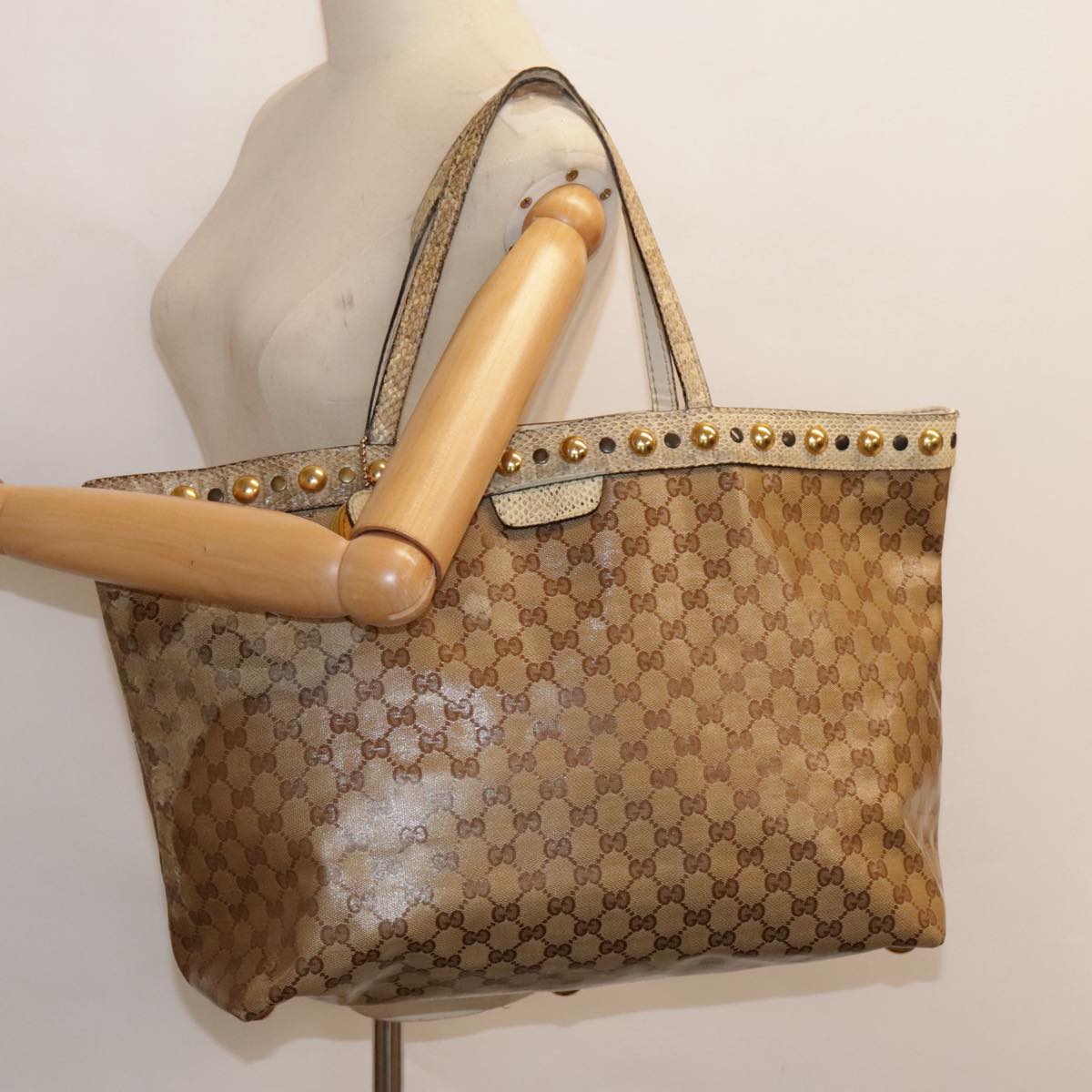 GUCCI GG Crystal Tote Bag Coated Canvas Beige White Silver 207292 Auth 92409