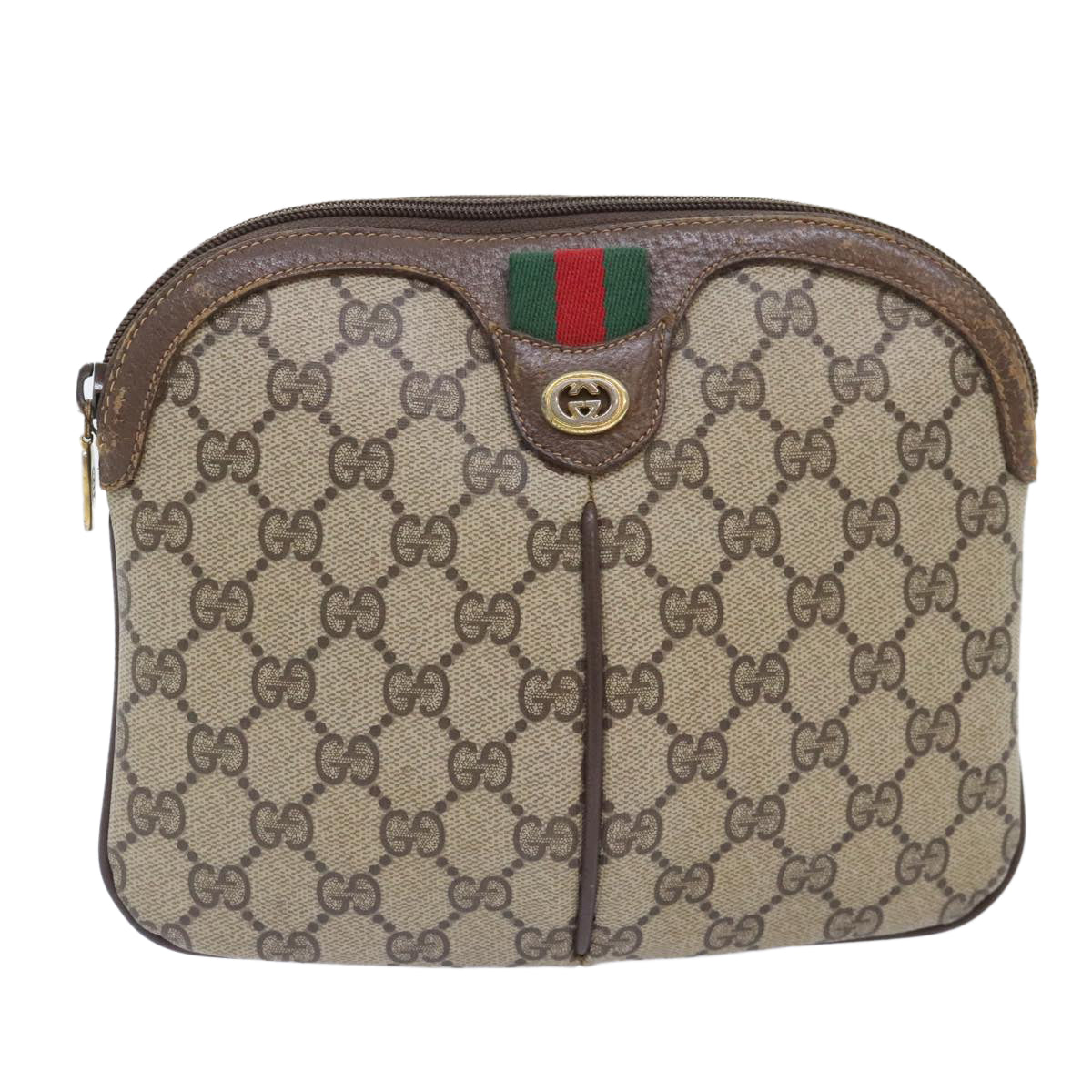 GUCCI GG Canvas Web Sherry Line Shoulder Bag PVC Leather Beige Green Auth 92419