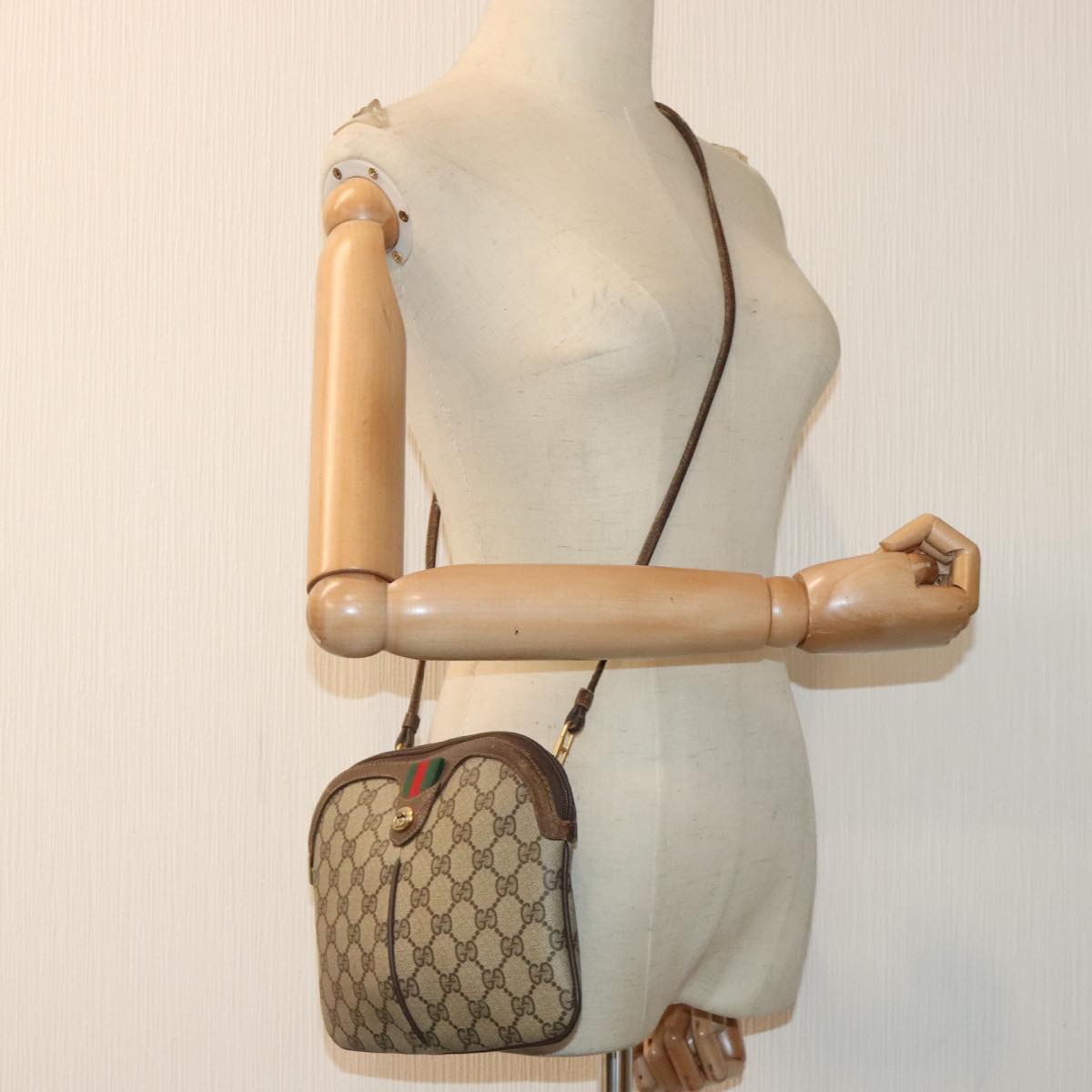 GUCCI GG Canvas Web Sherry Line Shoulder Bag PVC Leather Beige Green Auth 92419