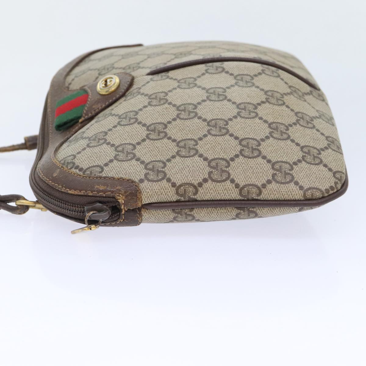 GUCCI GG Canvas Web Sherry Line Shoulder Bag PVC Leather Beige Green Auth 92419