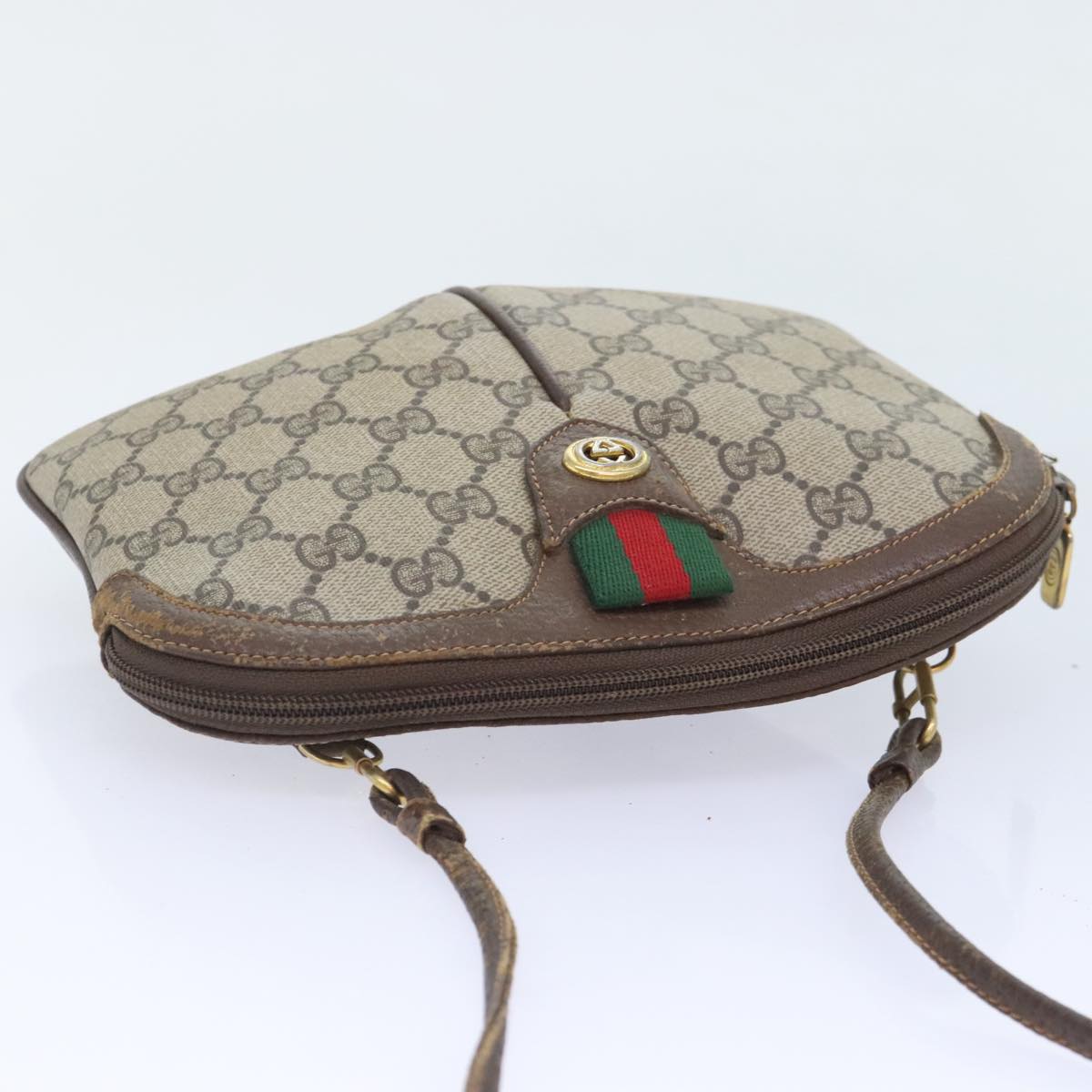 GUCCI GG Canvas Web Sherry Line Shoulder Bag PVC Leather Beige Green Auth 92419