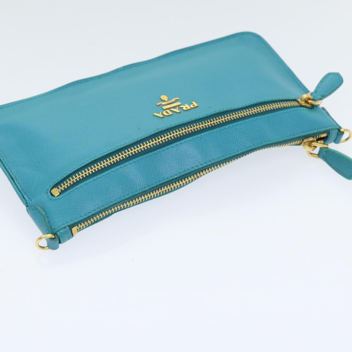 PRADA Shoulder Pouch Safiano leather Turquoise Blue Gold Auth 92427