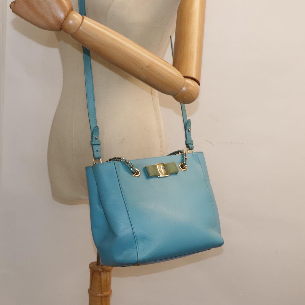 Salvatore Ferragamo Hand Bag Safiano leather 2way Light Blue Gold Auth 92430