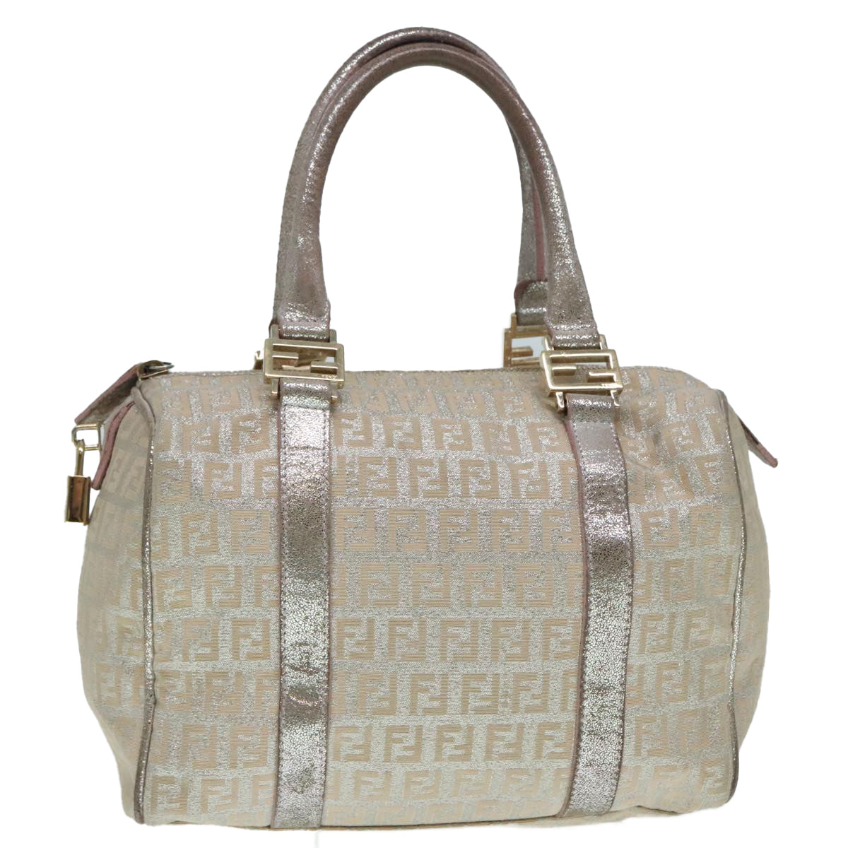 FENDI Zucchino Canvas Hand Bag Silver Beige Gold Auth 92437