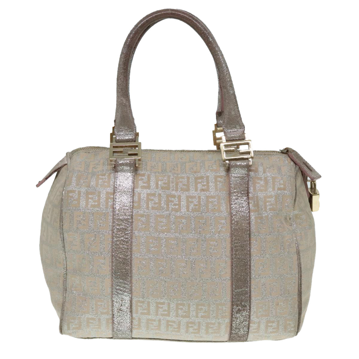 FENDI Zucchino Canvas Hand Bag Silver Beige Gold Auth 92437