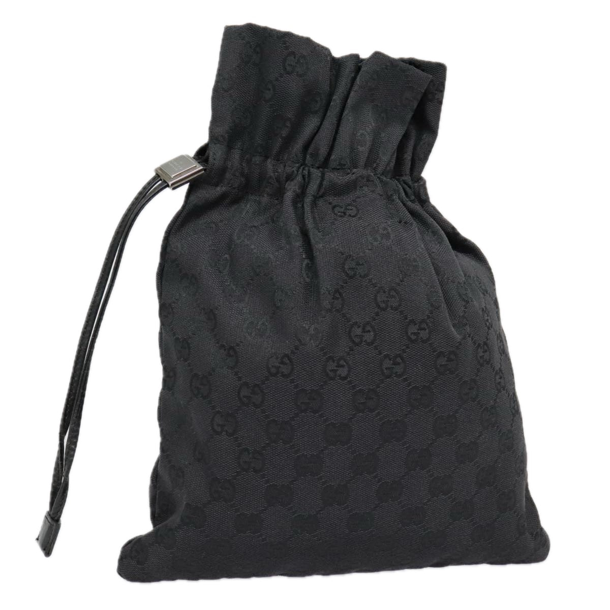 GUCCI GG Canvas Drawstring Bag Black Silver 014 1137 3754 Auth 92466