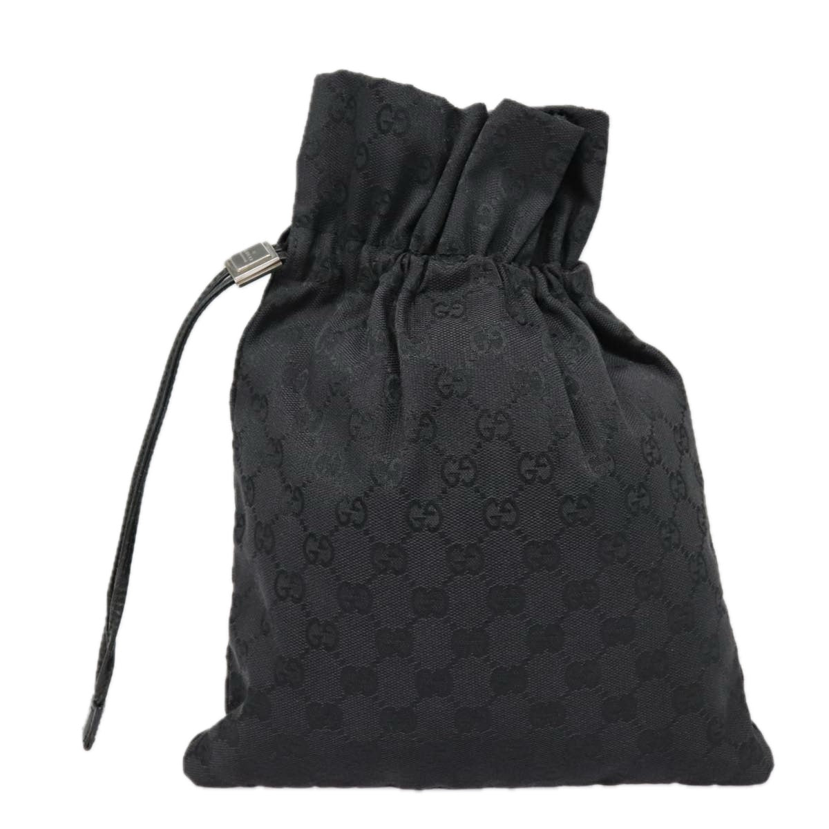 GUCCI GG Canvas Drawstring Bag Black Silver 014 1137 3754 Auth 92466