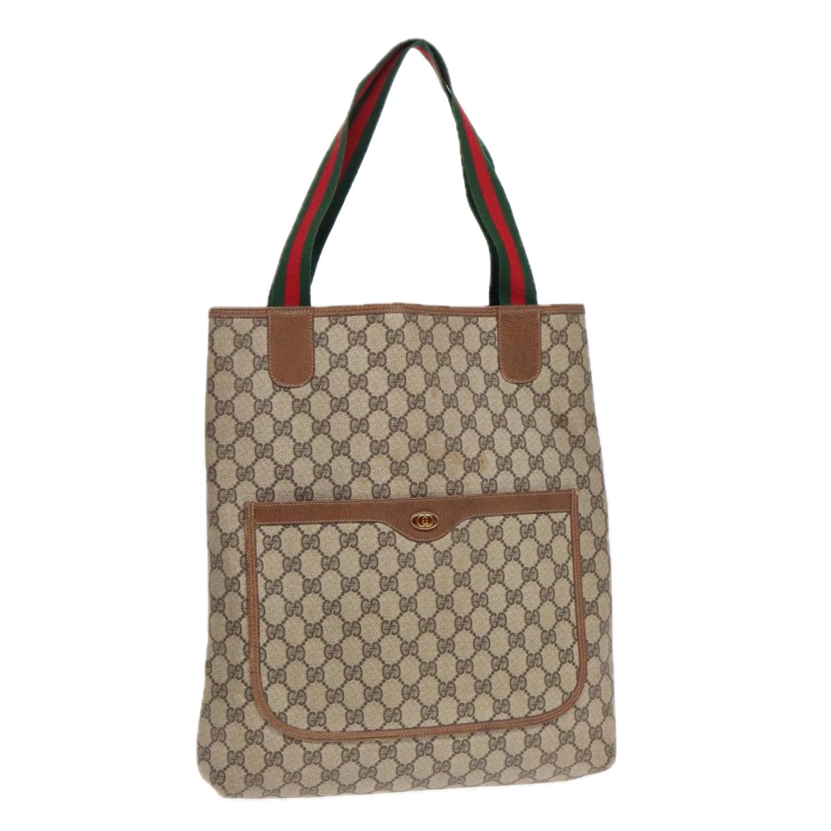 GUCCI GG Canvas Web Sherry Line Tote Bag PVC Leather Beige Green Red Auth 92483