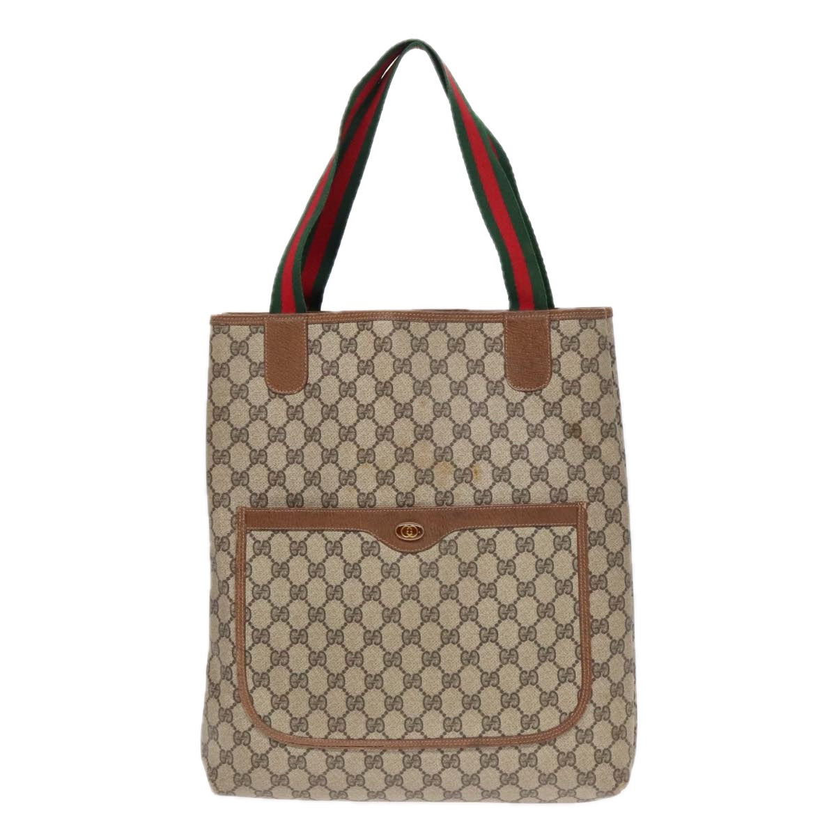 GUCCI GG Canvas Web Sherry Line Tote Bag PVC Leather Beige Green Red Auth 92483