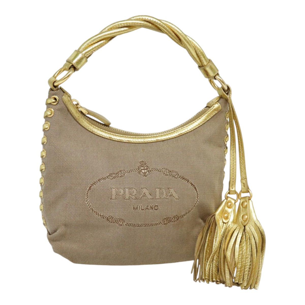 PRADA Hand Bag Canvas Leather Beige Gold Auth 92497