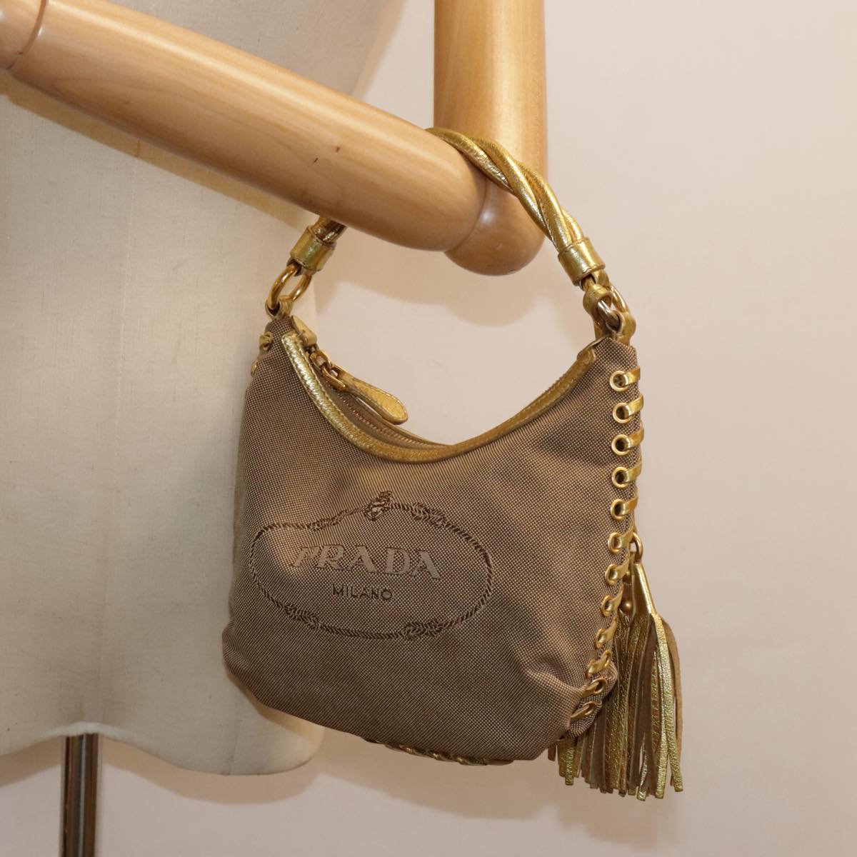 PRADA Hand Bag Canvas Leather Beige Gold Auth 92497