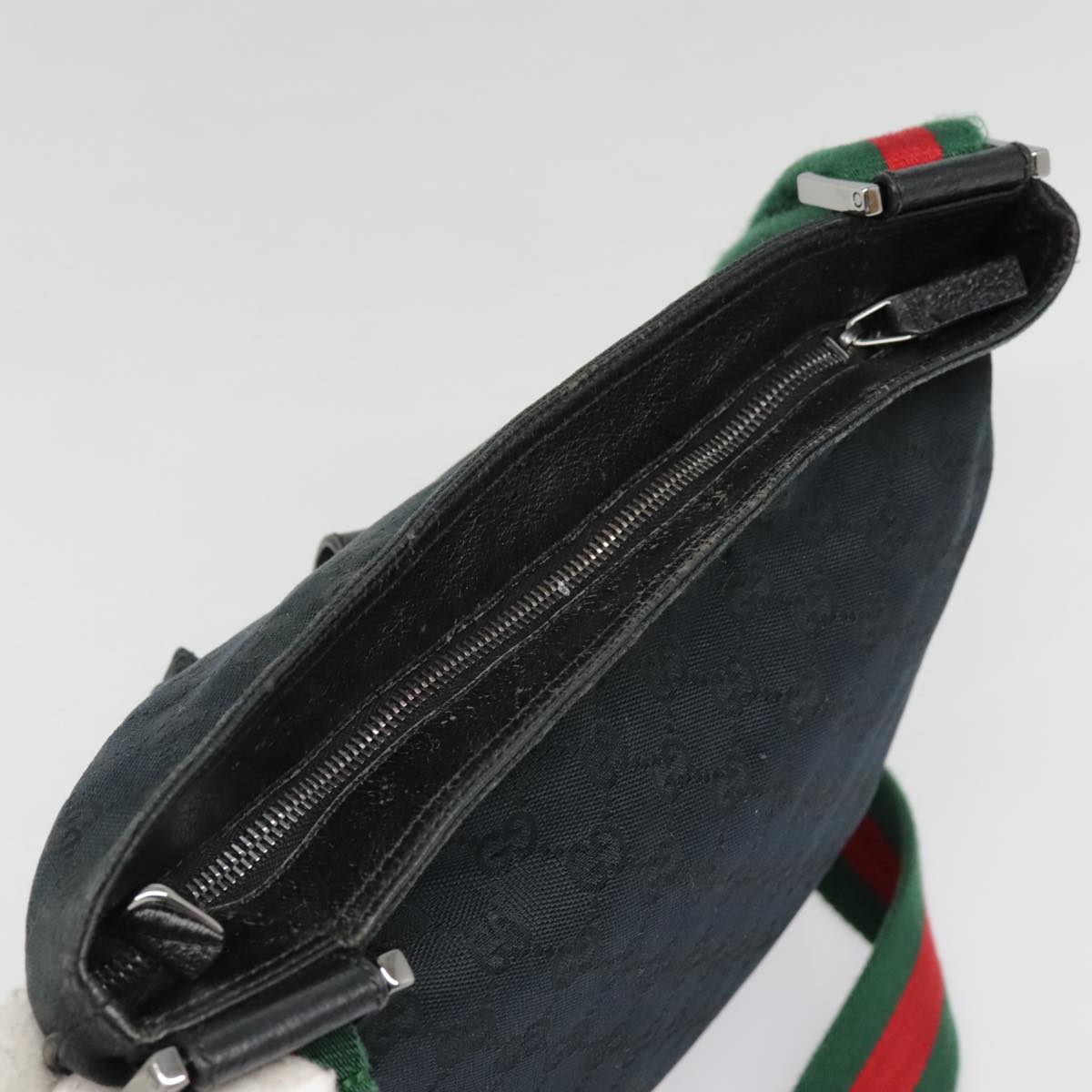 GUCCI GG Canvas Web Sherry Line Shoulder Bag Black Green Red Auth 92505