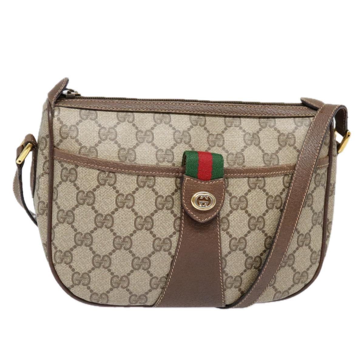 GUCCI GG Supreme Web Sherry Line Shoulder Bag PVC Beige Gold Auth 92514