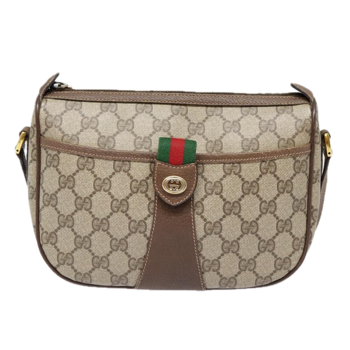 GUCCI GG Supreme Web Sherry Line Shoulder Bag PVC Beige Gold Auth 92514