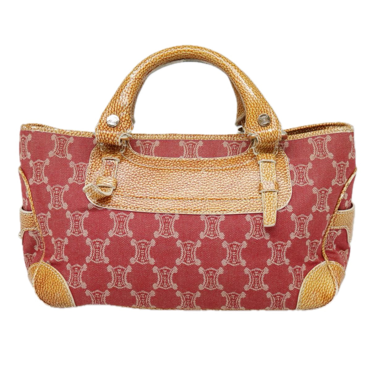 CELINE Paris Macadam Canvas Hand Bag Red Brown Silver Auth 92537