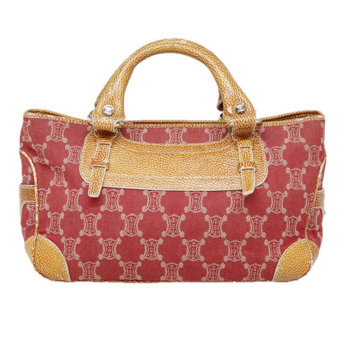 CELINE Paris Macadam Canvas Hand Bag Red Brown Silver Auth 92537