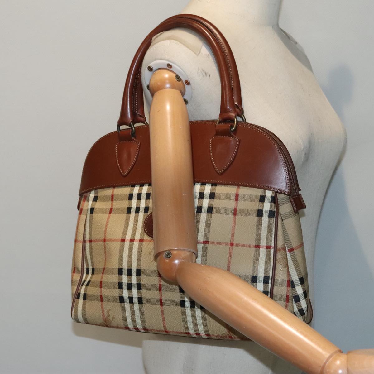 Burberrys Nova Check Hand Bag PVC Leather Beige Brown Auth 92564