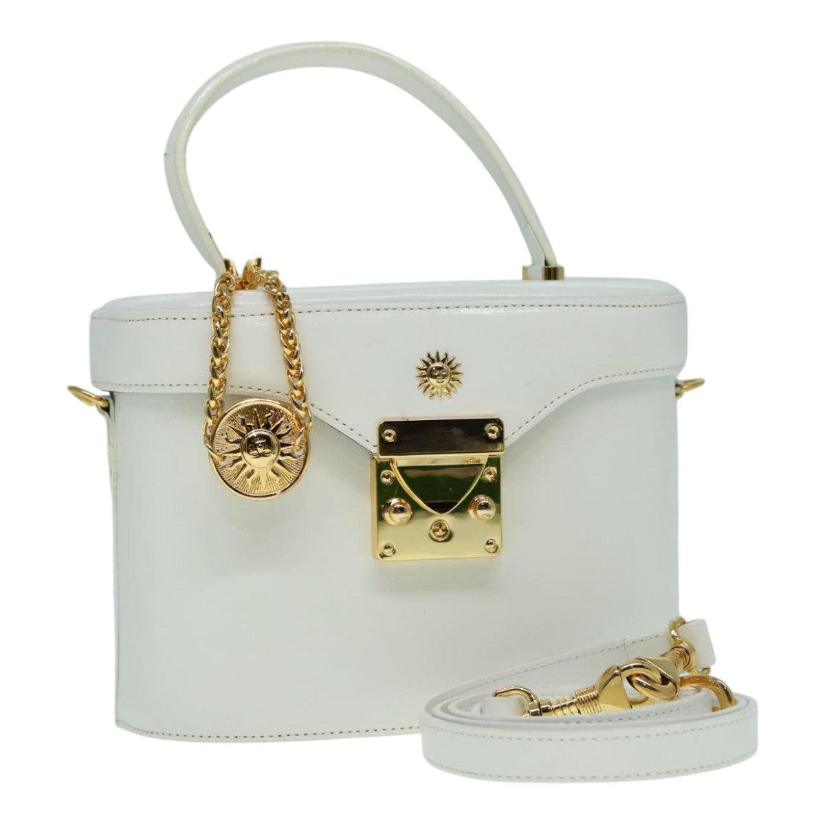 VERSACE Hand Bag Leather 2way White Gold Auth 92647