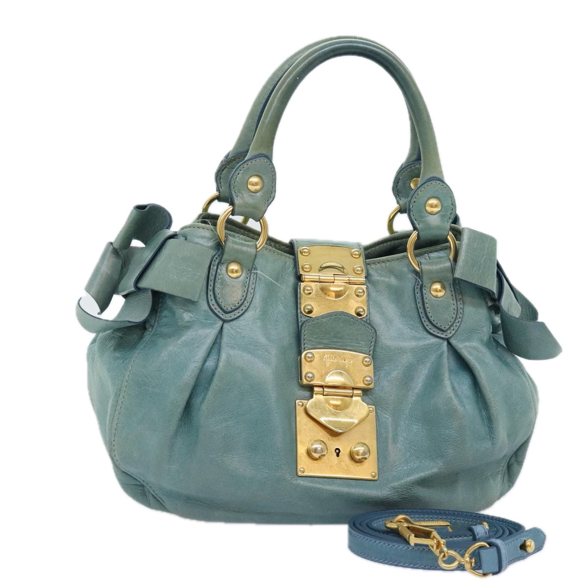 Miu Miu Hand Bag Leather 2way Blue Gold Auth 92683