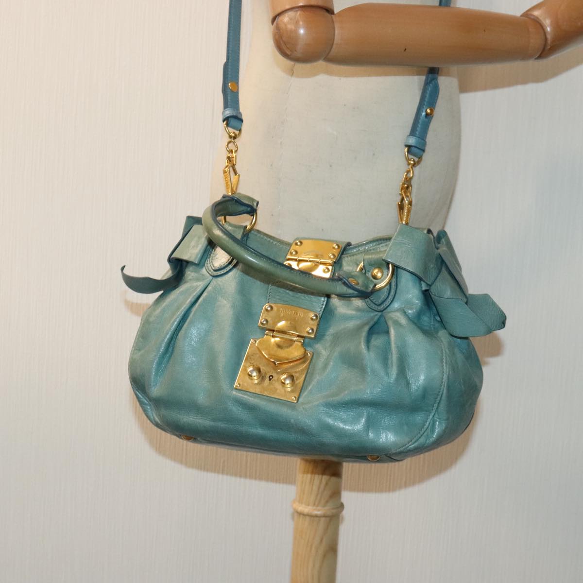 Miu Miu Hand Bag Leather 2way Blue Gold Auth 92683