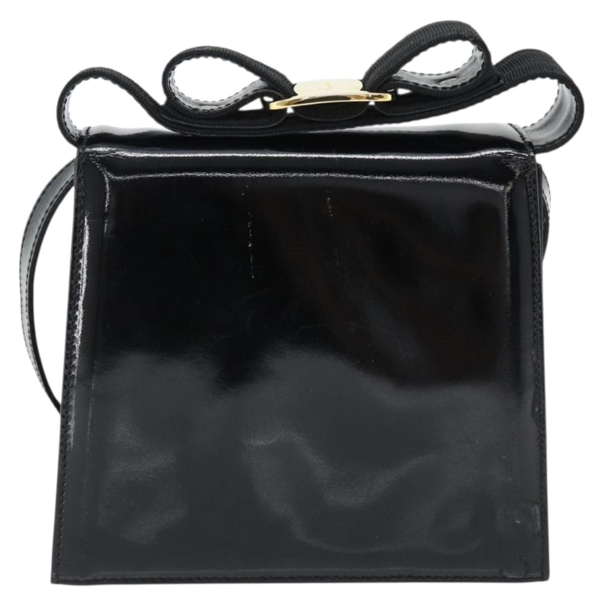 Salvatore Ferragamo Shoulder Bag Patent Leather Black Gold Auth 92696