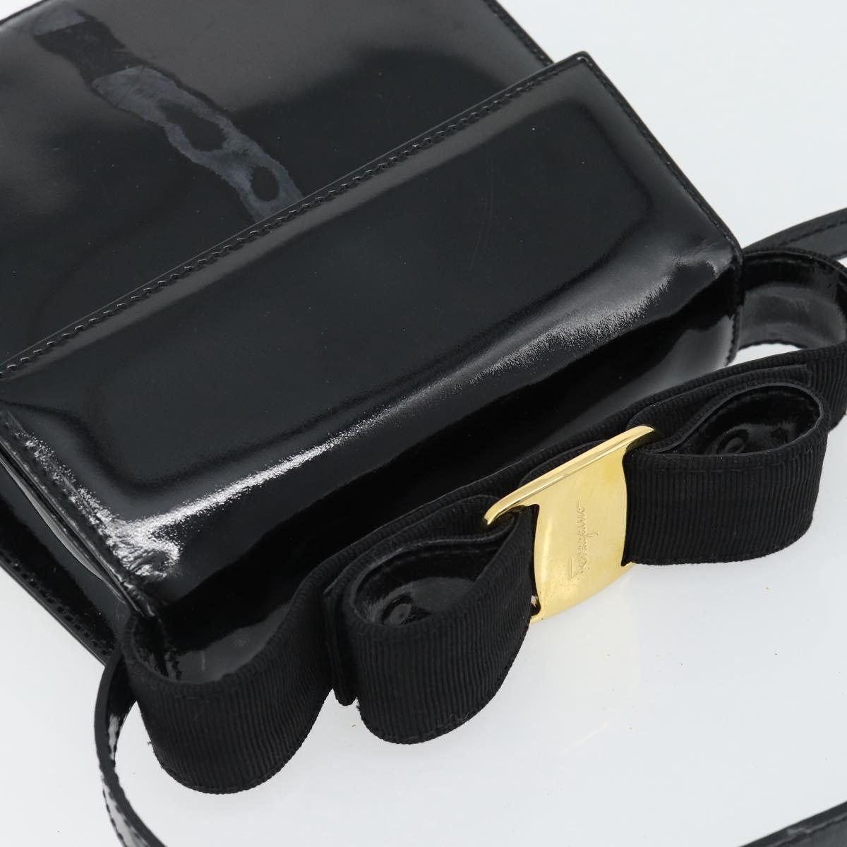 Salvatore Ferragamo Shoulder Bag Patent Leather Black Gold Auth 92696