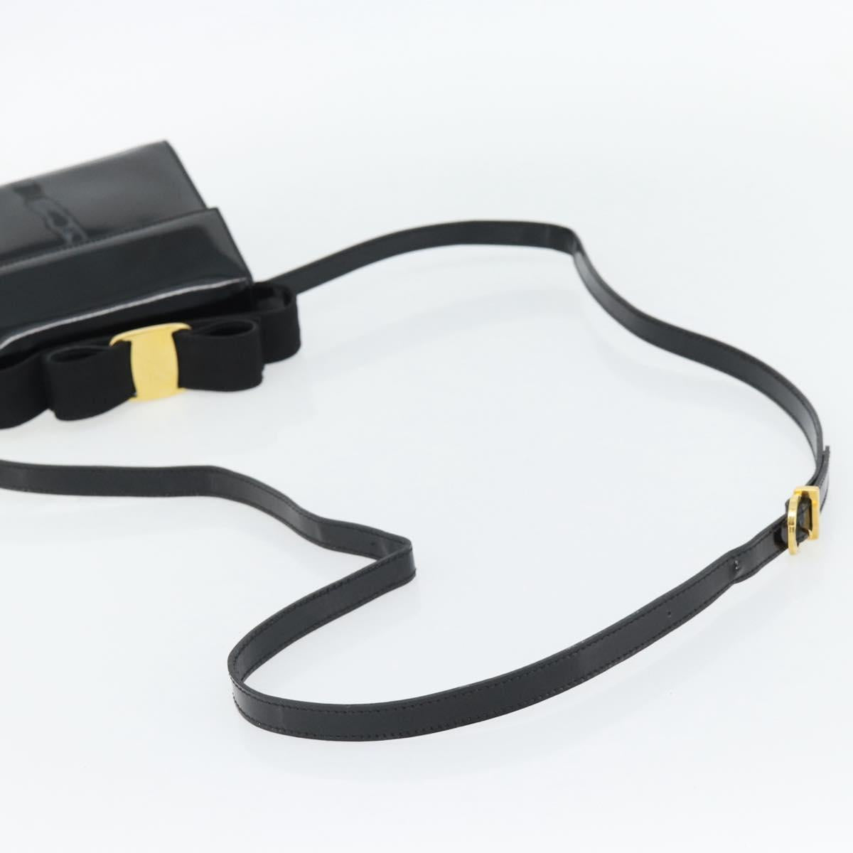 Salvatore Ferragamo Shoulder Bag Patent Leather Black Gold Auth 92696