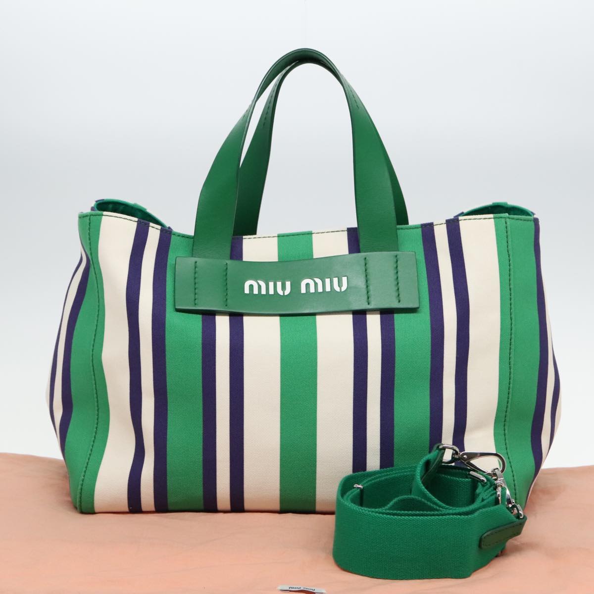 Miu Miu Canapa Hand Bag Canvas 2way Green Silver Auth 92722