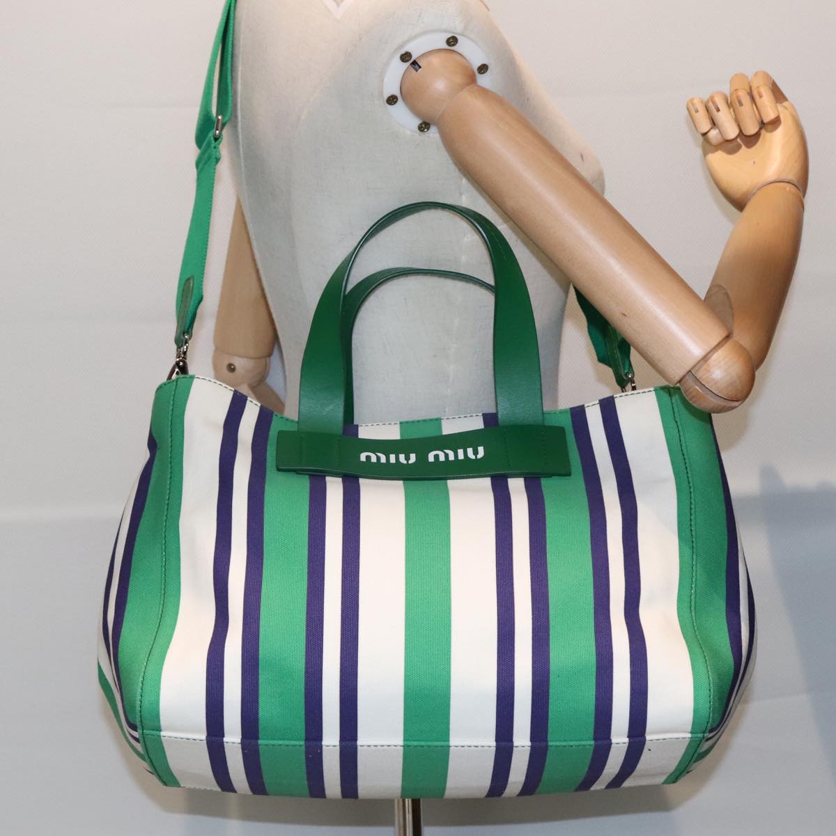 Miu Miu Canapa Hand Bag Canvas 2way Green Silver Auth 92722