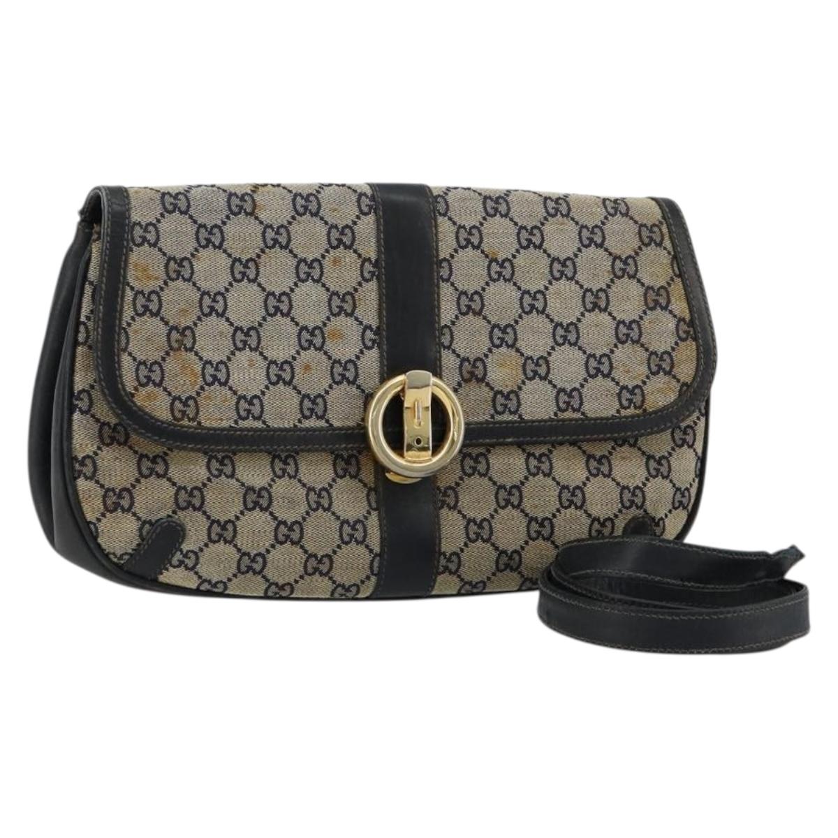 GUCCI GG Canvas Shoulder Bag Beige Navy Gold Auth 92734