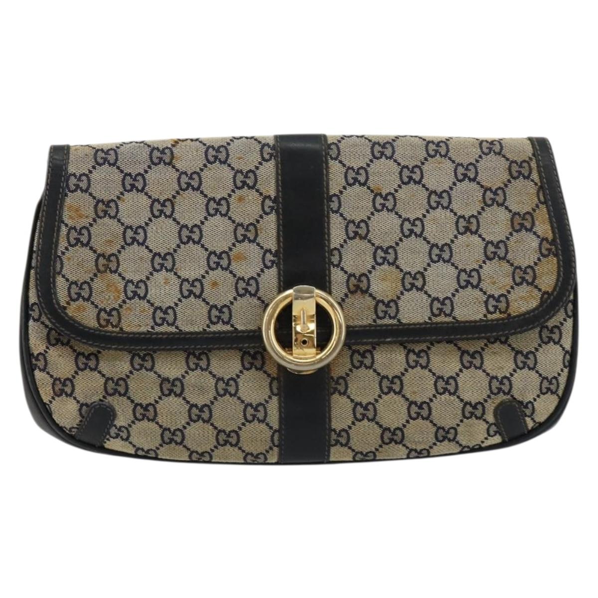 GUCCI GG Canvas Shoulder Bag Beige Navy Gold Auth 92734