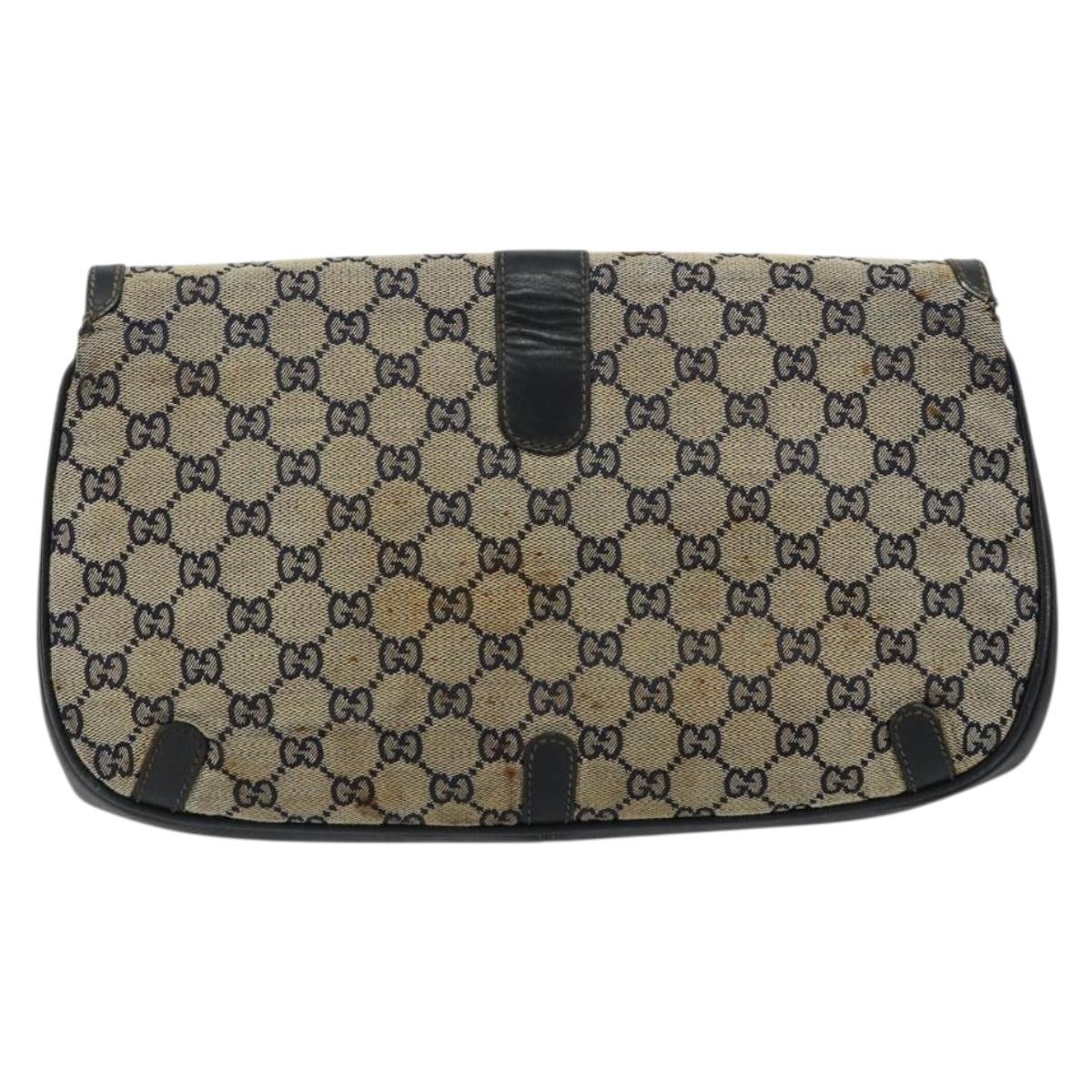 GUCCI GG Canvas Shoulder Bag Beige Navy Gold Auth 92734