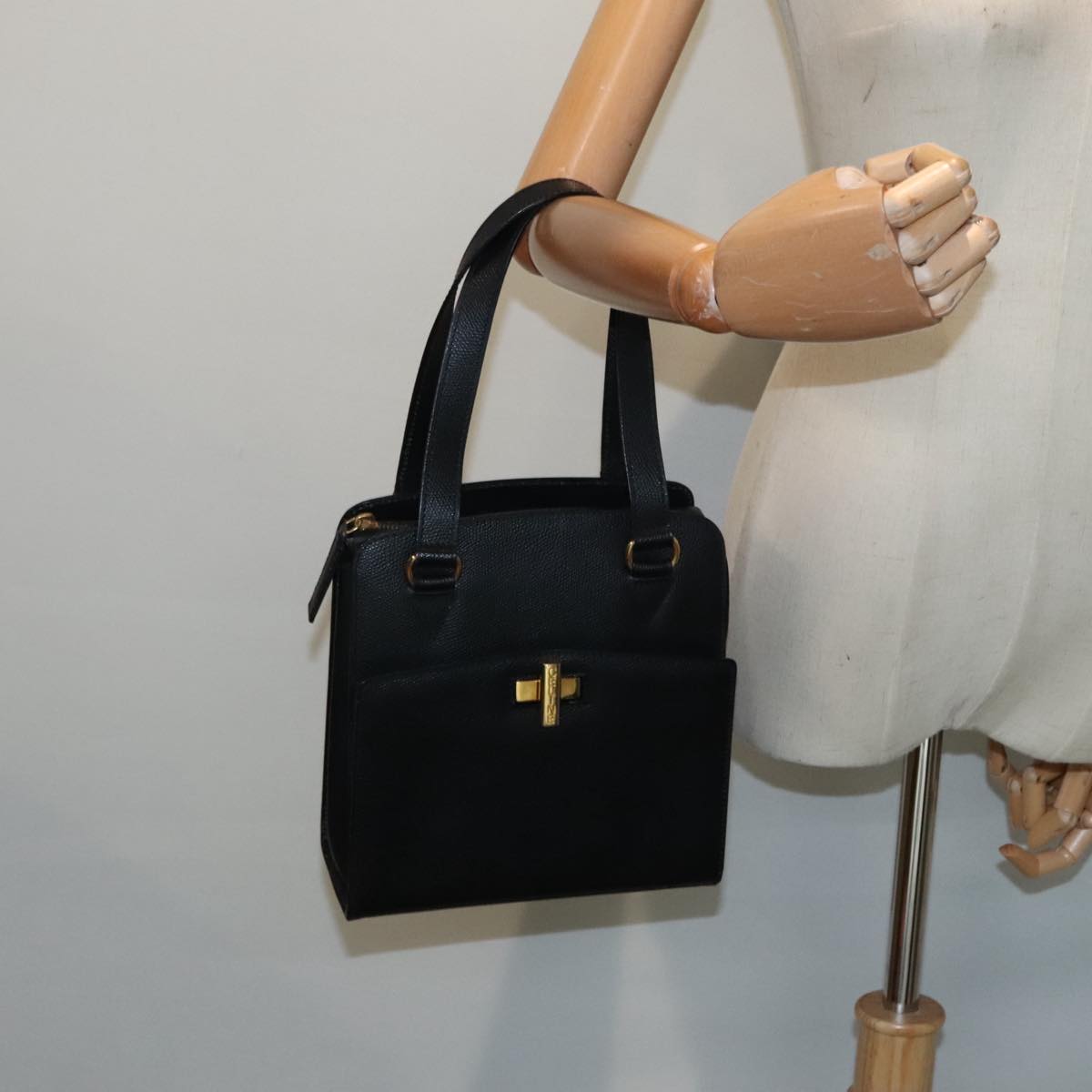 CELINE Hand Bag Leather Black Gold Auth 92770