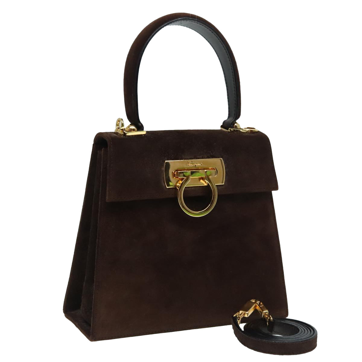 Salvatore Ferragamo Hand Bag Suede 2way Brown Gold Auth 92776