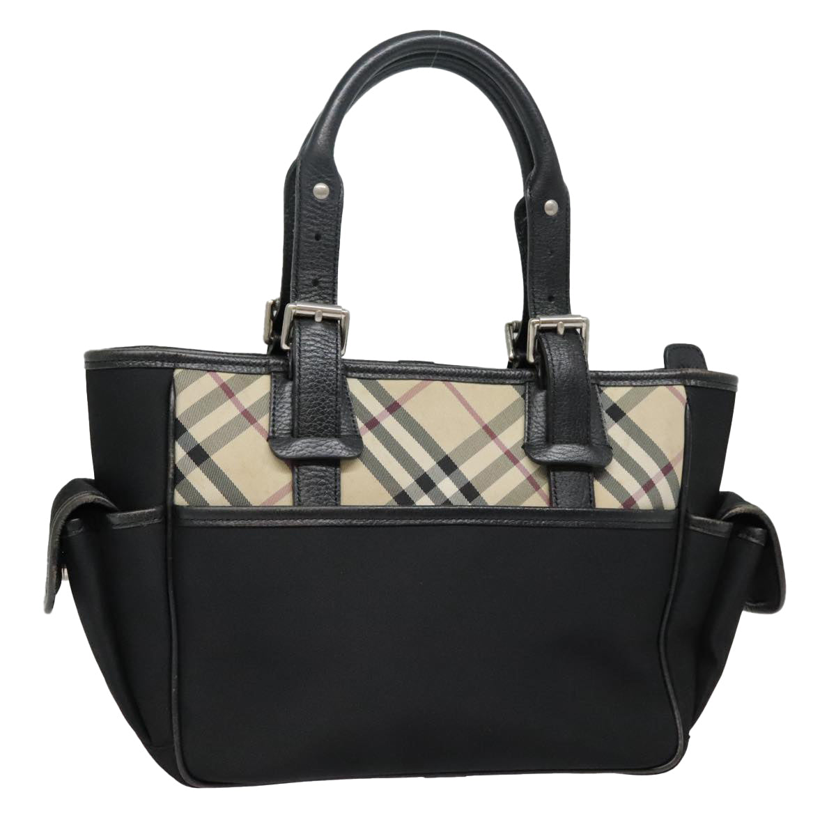 BURBERRY Nova Check Hand Bag Canvas Beige Silver black Auth 92803