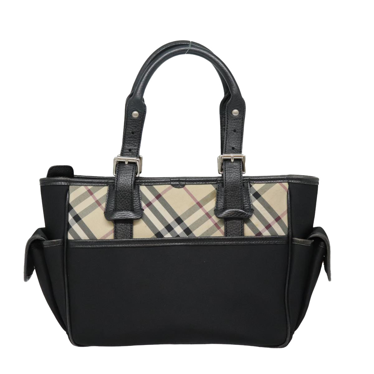 BURBERRY Nova Check Hand Bag Canvas Beige Silver black Auth 92803