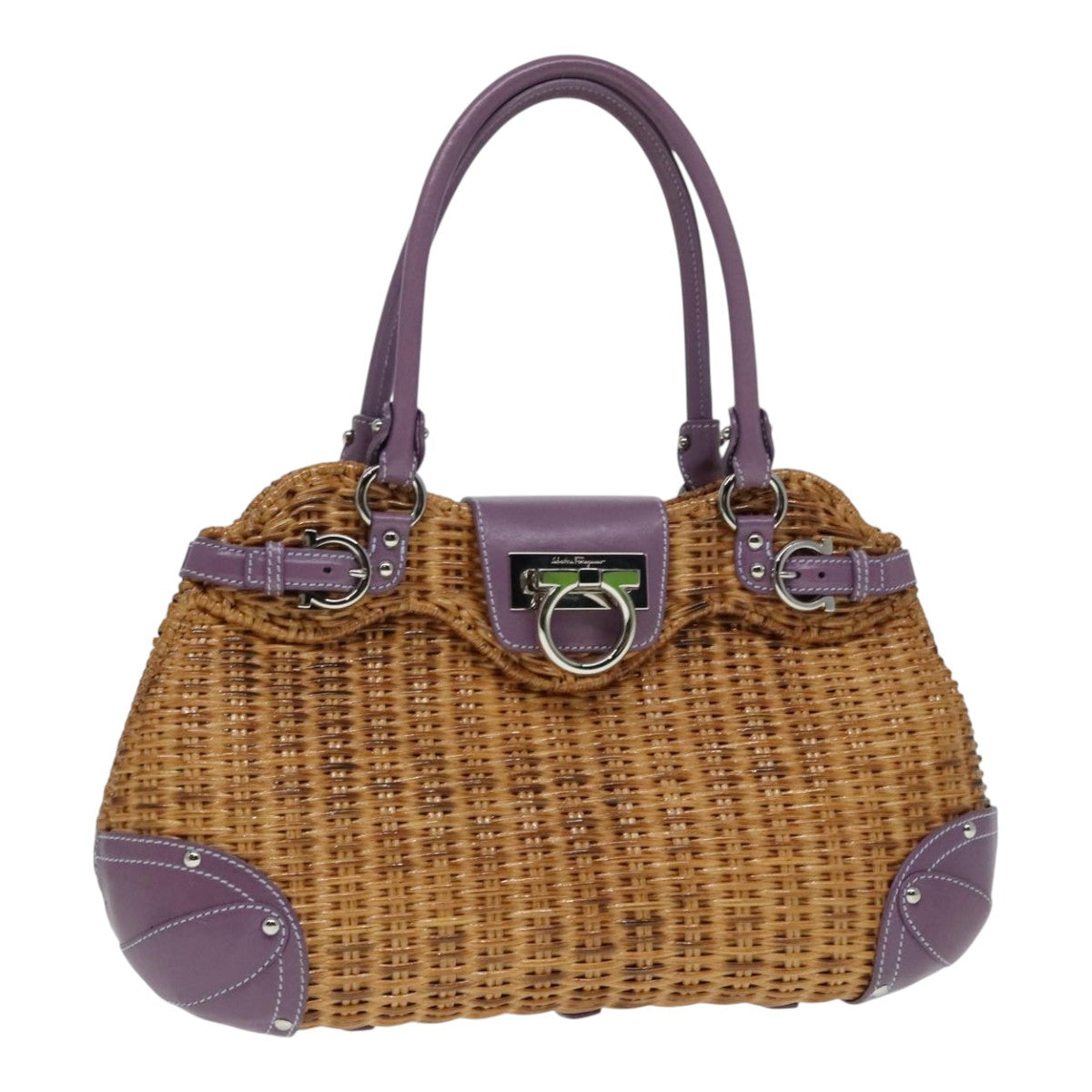 Salvatore Ferragamo Gancini Hand Bag Wicker Beige Purple Silver Auth 92821