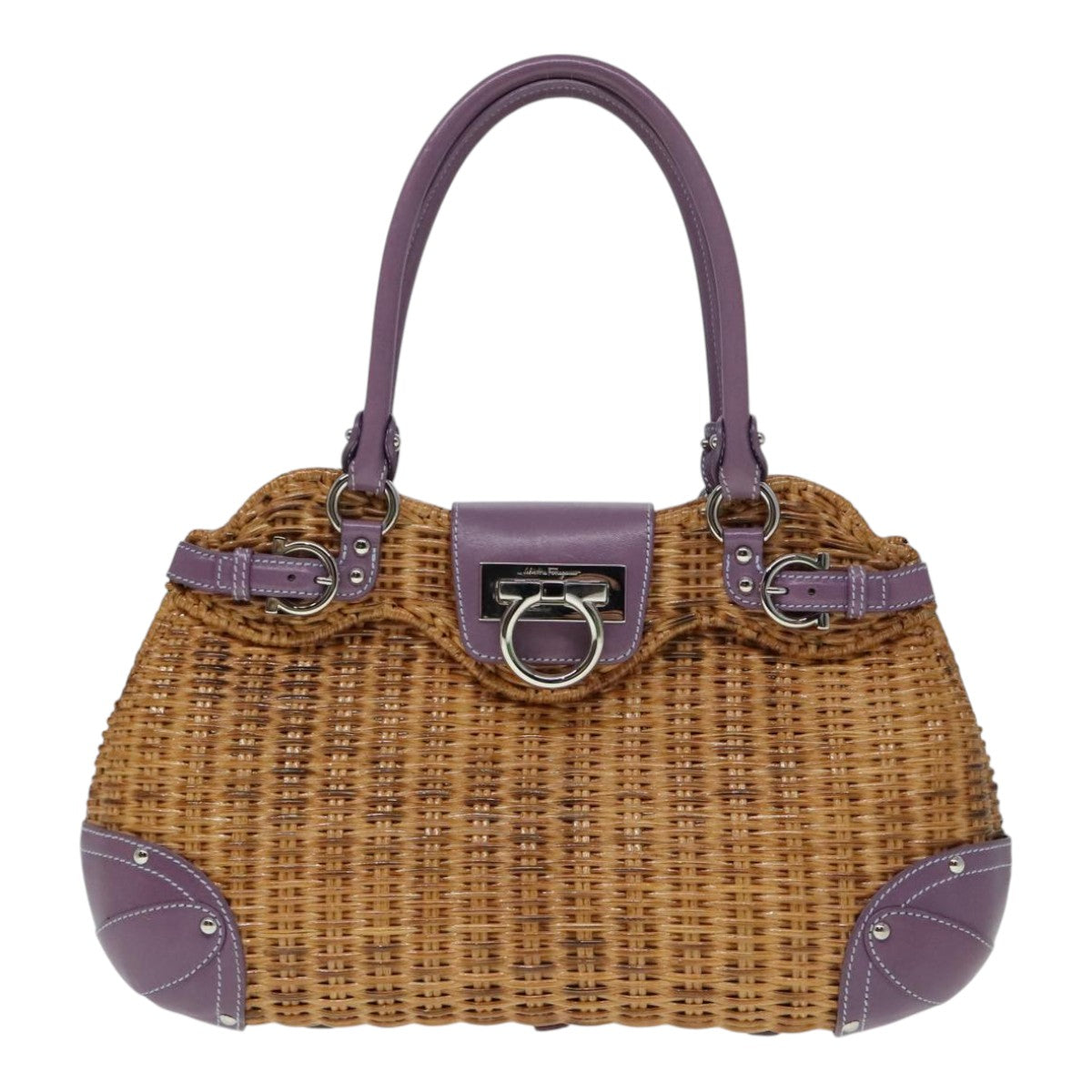 Salvatore Ferragamo Gancini Hand Bag Wicker Beige Purple Silver Auth 92821