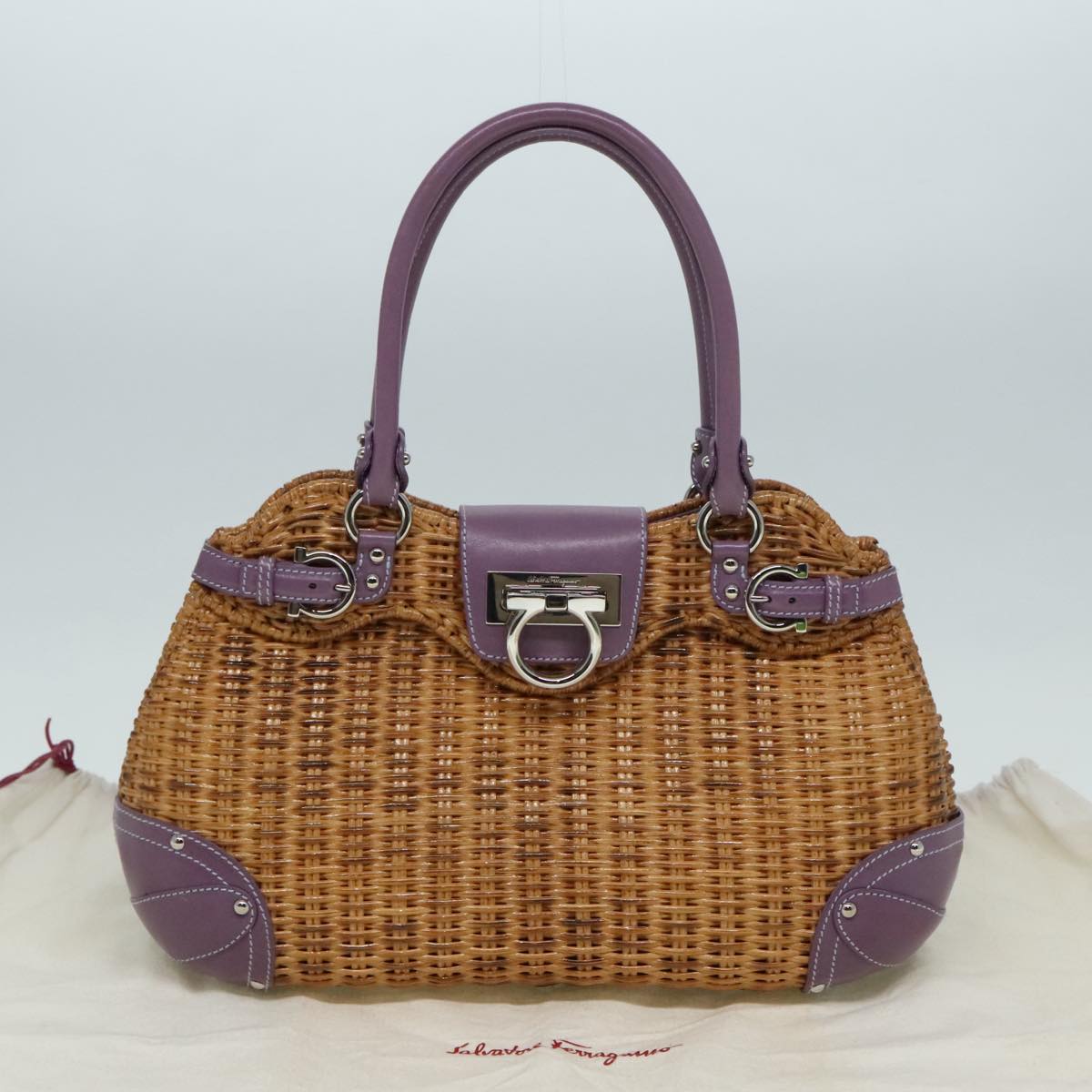 Salvatore Ferragamo Gancini Hand Bag Wicker Beige Purple Silver Auth 92821