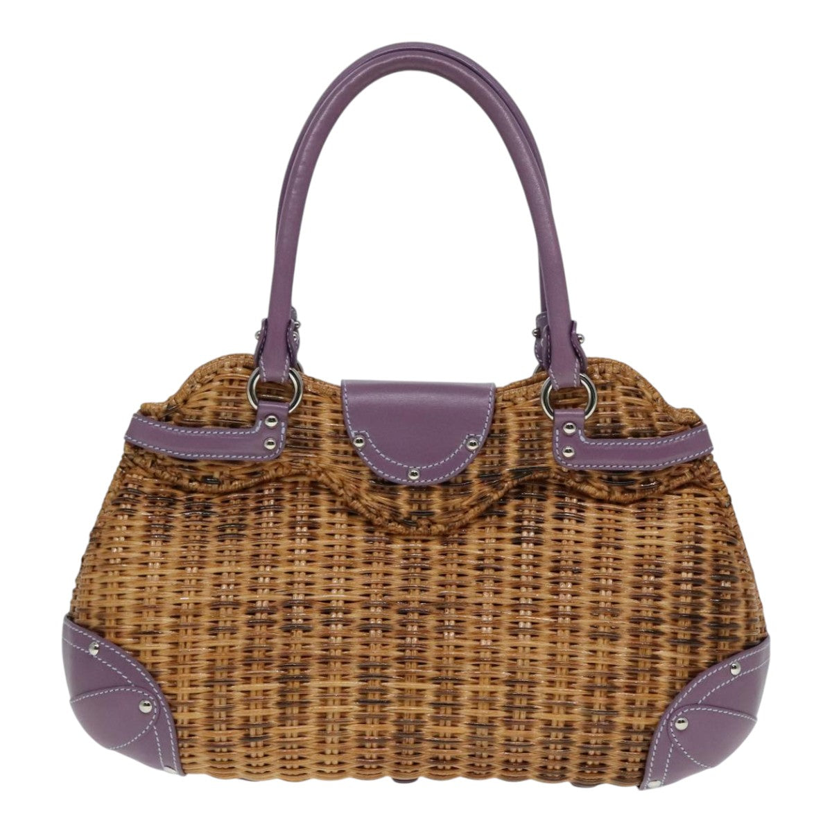 Salvatore Ferragamo Gancini Hand Bag Wicker Beige Purple Silver Auth 92821